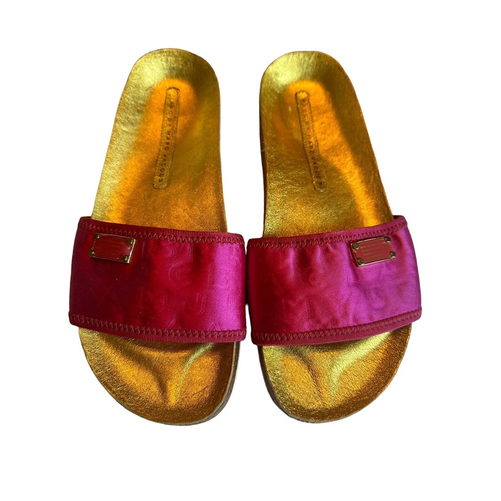 Marc‎ By Marc Jacobs Logo Tag Slides Metallic Pink Sandals Shoes Sz 8 #S46-8
